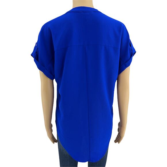 Moa Moa MEDIUM Blue Split V Neck Rolled Cuff Short Sleeve High Low Blouse Top - Picture 4 of 7